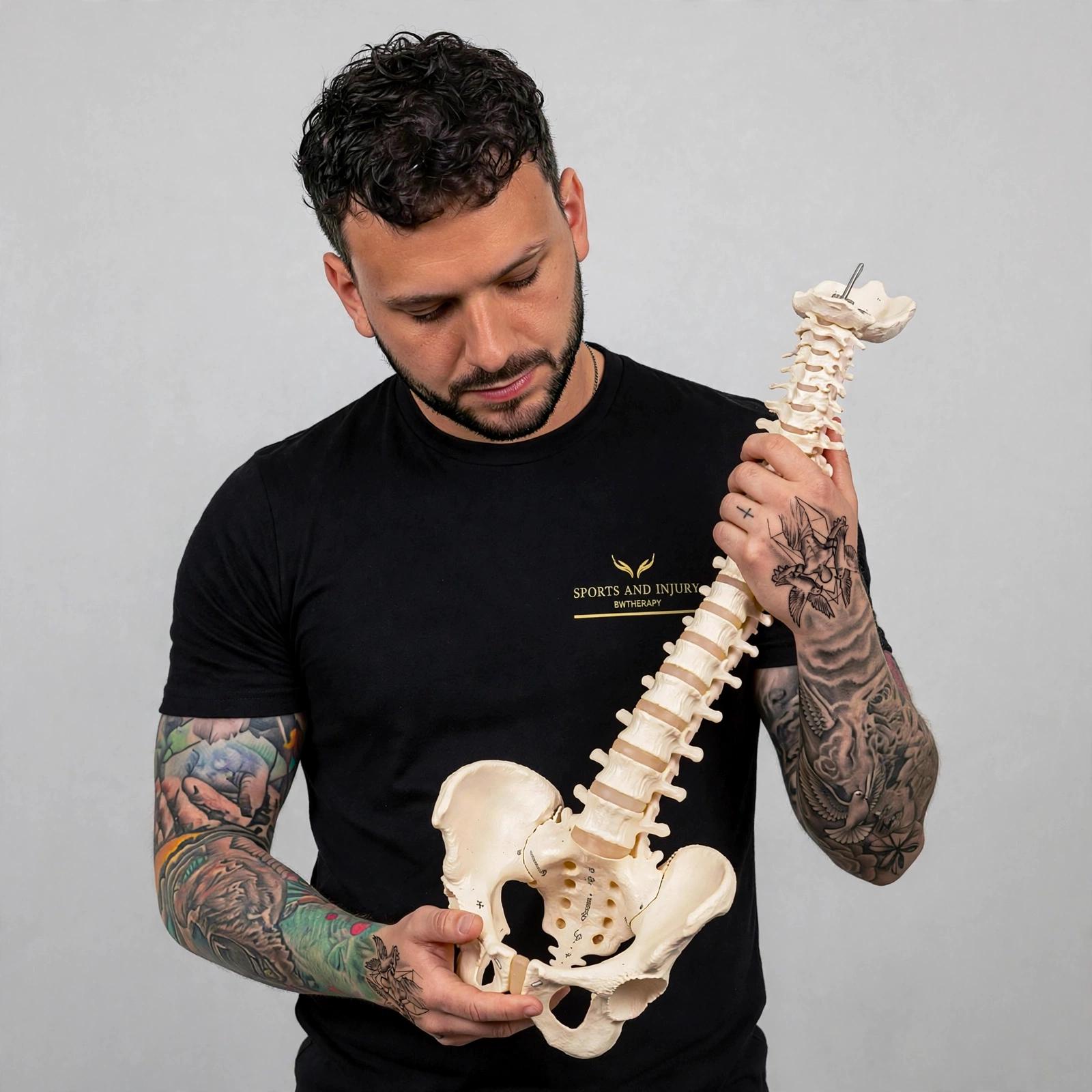 Ben Winchester holding an anatomical spine model